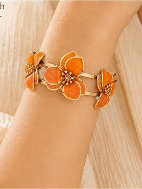 Gold-Tone Orange Floral Cuff Bracelet